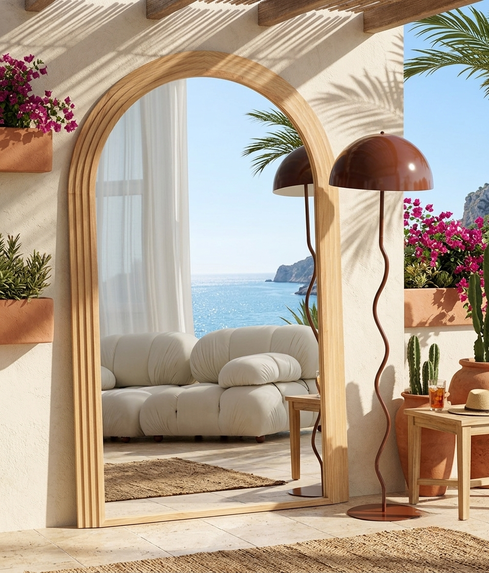 Mykonos Arched Mirror with Natural Wood Frame – 180 × 110 cm